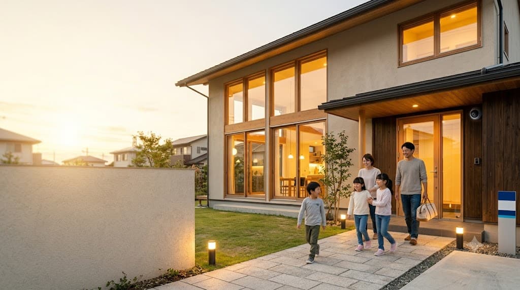 家族が夕暮れの住宅へ帰宅する様子